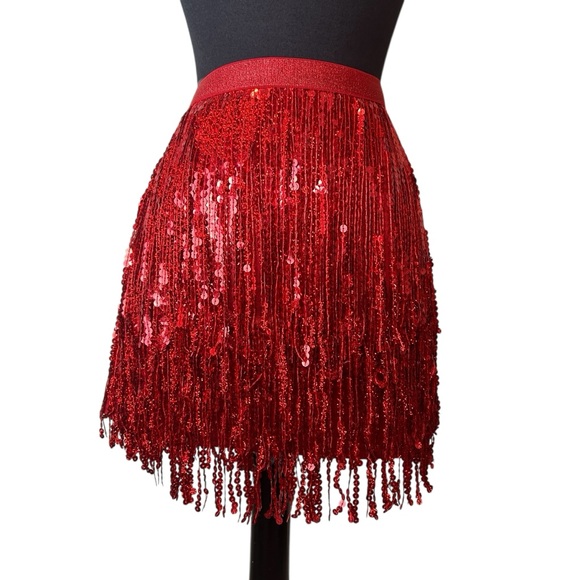 Red Sequins Fringe Skirt High Shine Shimmer Metallic, Performance Wear SZ S - Picture 10 of 17
